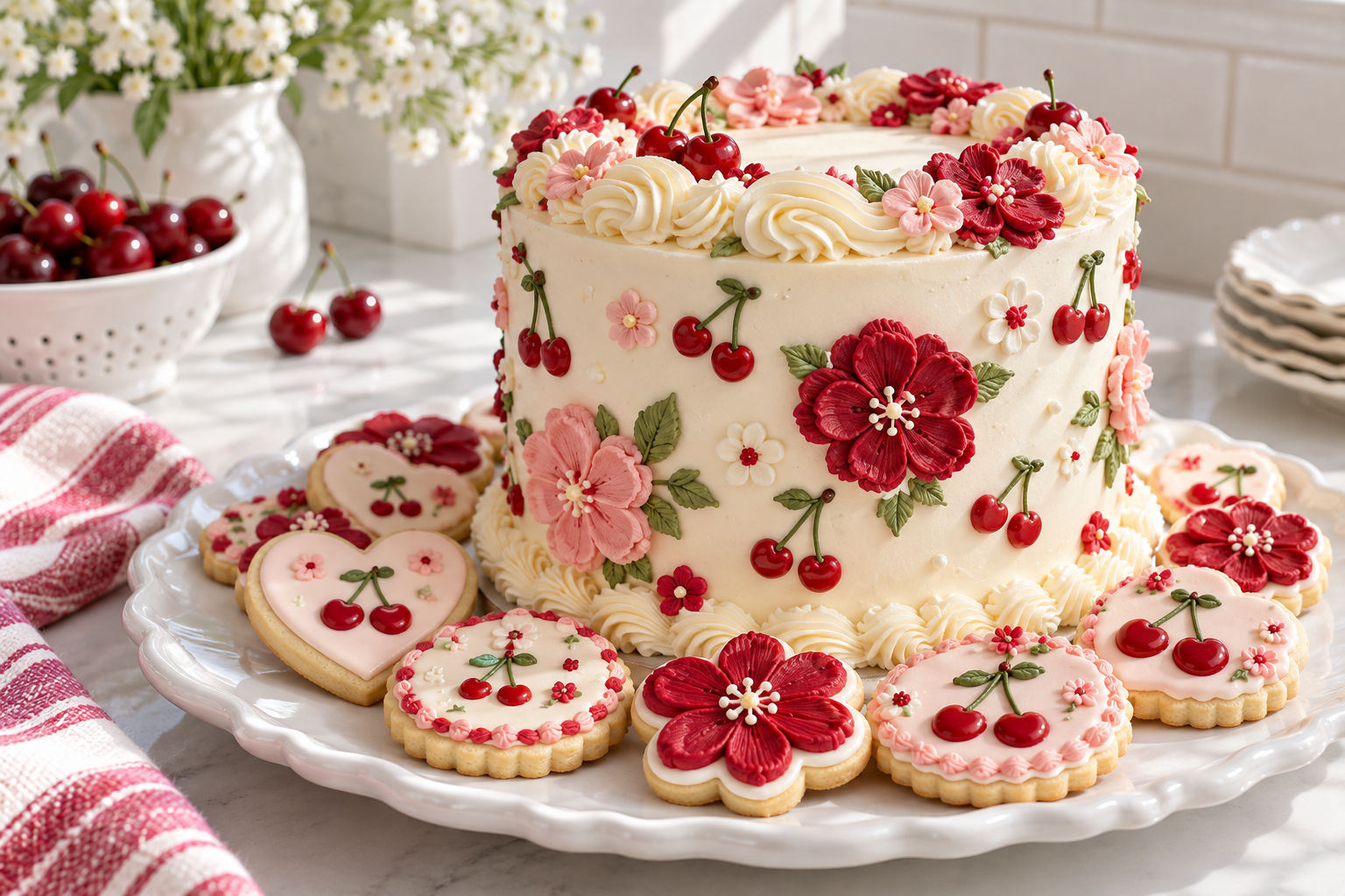 A decorated celebration cake and matching iced cookies