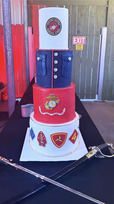 Red, white, and blue tiered cake made for the Marines’ 249th birthday