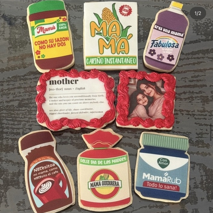 Custom Mother’s Day cookies with colorful designs and family photo cookies